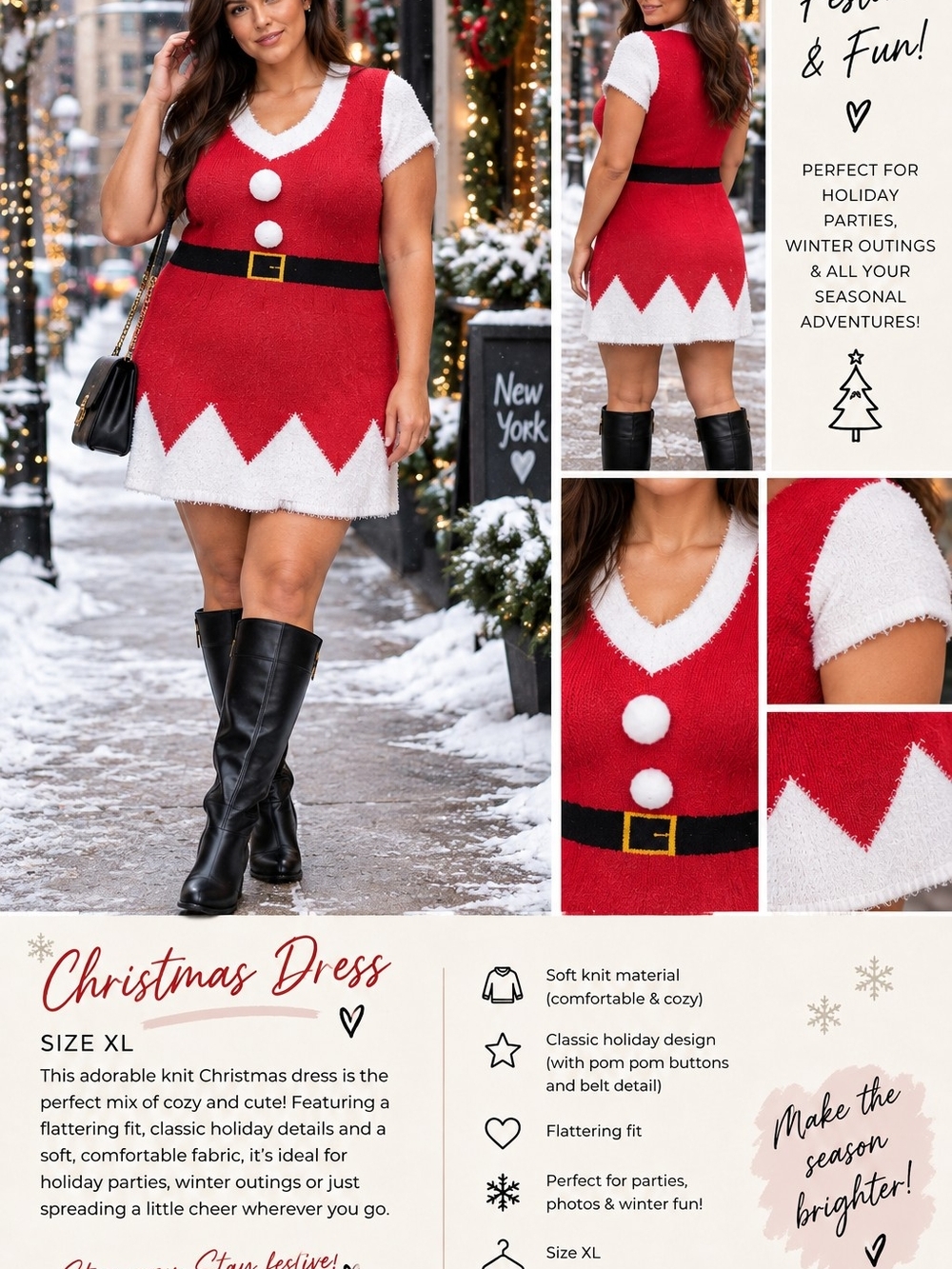 Planet Gold Red & White Holiday Knit Dress with Belt Detail